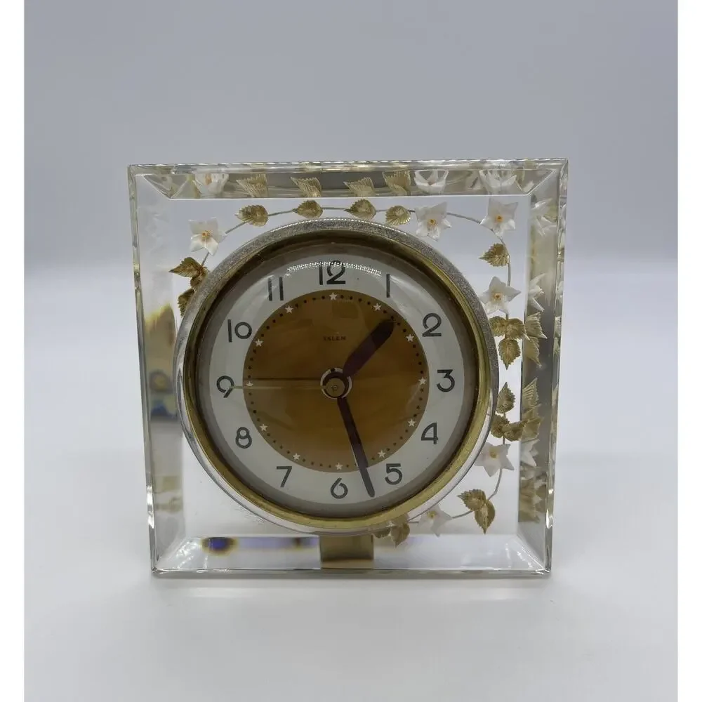 Salem Co. Clock Clear Lucite w/ Flowers Made in USA WORKS